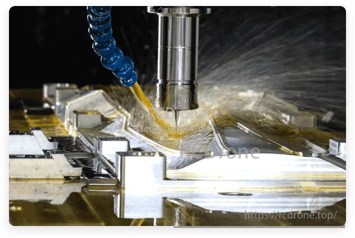 CNC milling machine cutting a metal part with coolant spraying around the cutting tool