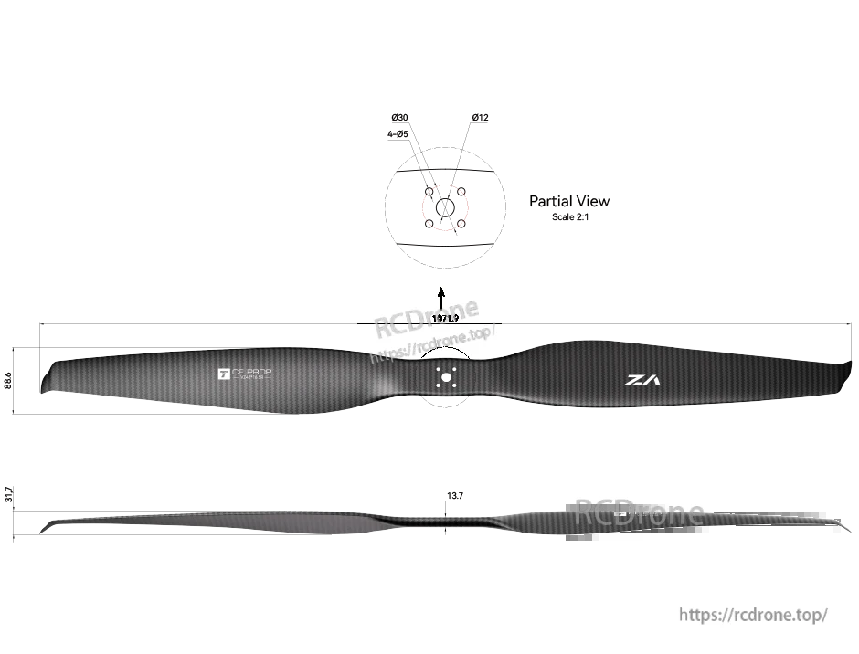 T-Motor VZ42x16.5 VTOL Propeller, T-Motor VZ42x16.5 VTOL carbon fiber propeller with hub mounting hole pattern and 1071.9 mm length diagram