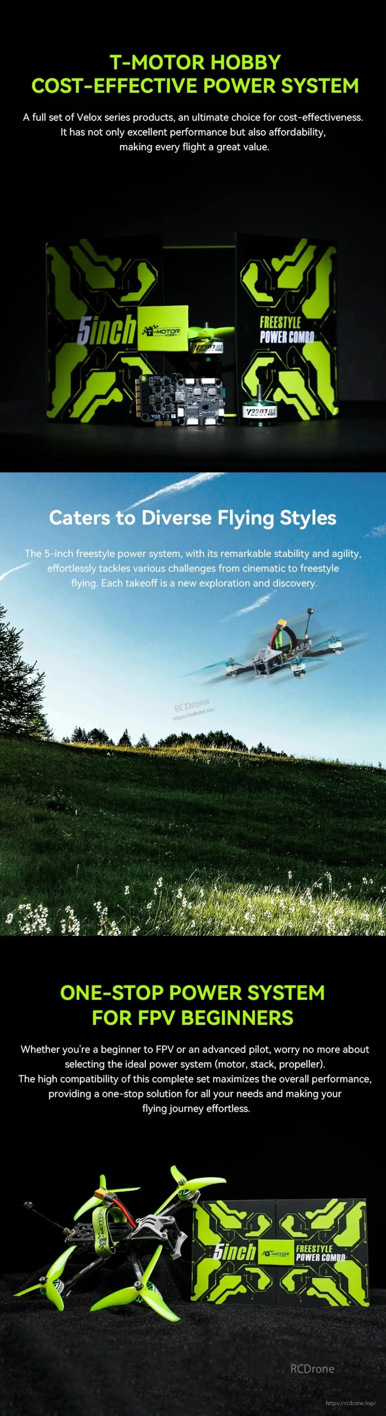 T-Motor Velox 5-inch freestyle power combo kit packaging with FPV stack board and quadcopter