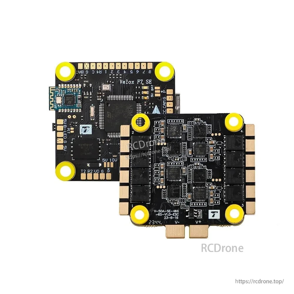 T-Motor Velox F7 SE flight controller and V50A SE 4-in-1 ESC FPV stack boards with labeled pads