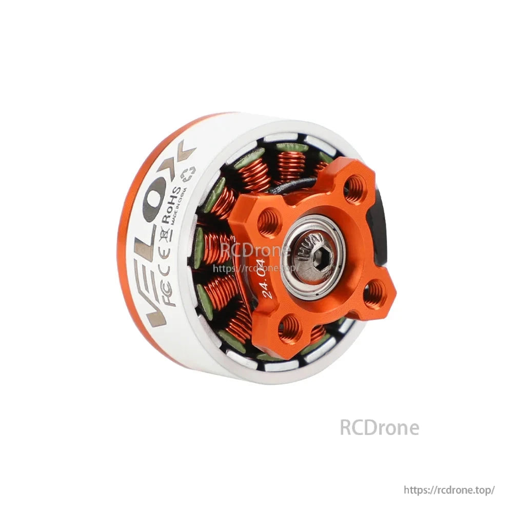 T-Motor Velox brushless drone motor with orange aluminum mount and exposed copper windings