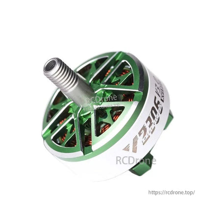 T-Motor brushless drone motor with green aluminum bell, visible copper windings, and threaded shaft