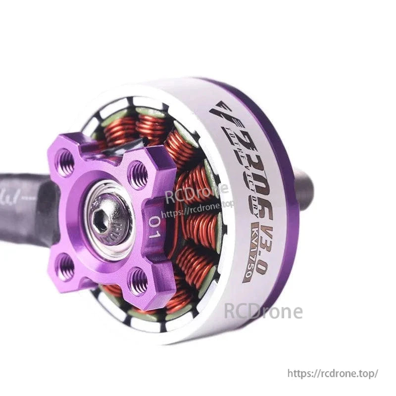 Close-up of T-Motor Velox V2205 V3.0 brushless drone motor with purple base and exposed copper windings