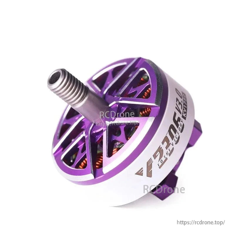 T-Motor F40 Pro II brushless FPV drone motor in purple and white with threaded prop shaft