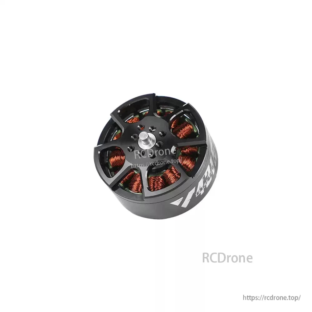 T-Motor brushless outrunner drone motor with black housing, exposed copper windings, and center shaft