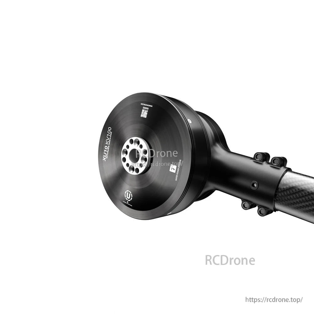 Close-up of T-Motor XU10 KV100 drone motor mounted on a carbon fiber arm with bolt-on bracket