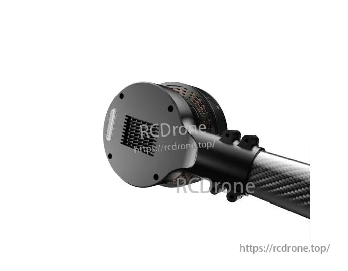 T-Motor drone motor mounted on a carbon-fiber arm, showing the round base plate and connector layout