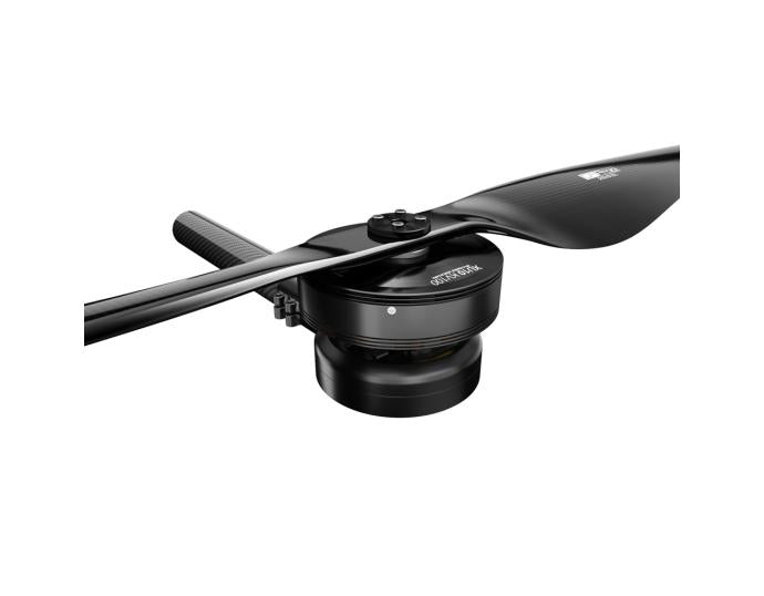 T-Motor brushless drone motor with black two-blade propeller mounted on a compact hub