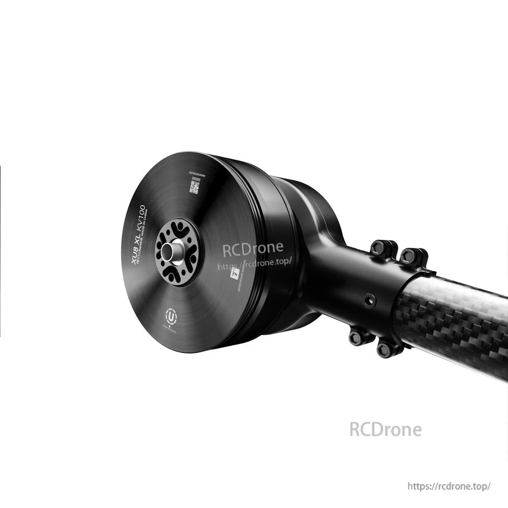 Close-up of T-Motor XU8 XL KV100 drone motor mounted on a carbon fiber arm with clamp screws