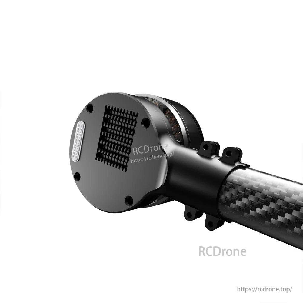 Close-up of T-Motor drone arm end cap with cooling grille, LED strip, and carbon fiber tube mount