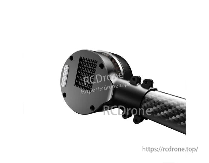 Close-up of a T-Motor carbon fiber tube assembly with clamp mount and vented end cap on a white background