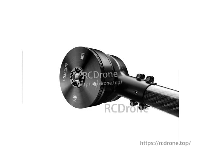 T-Motor brushless drone motor mounted on a carbon fiber arm with clamp bracket, black housing and end cap