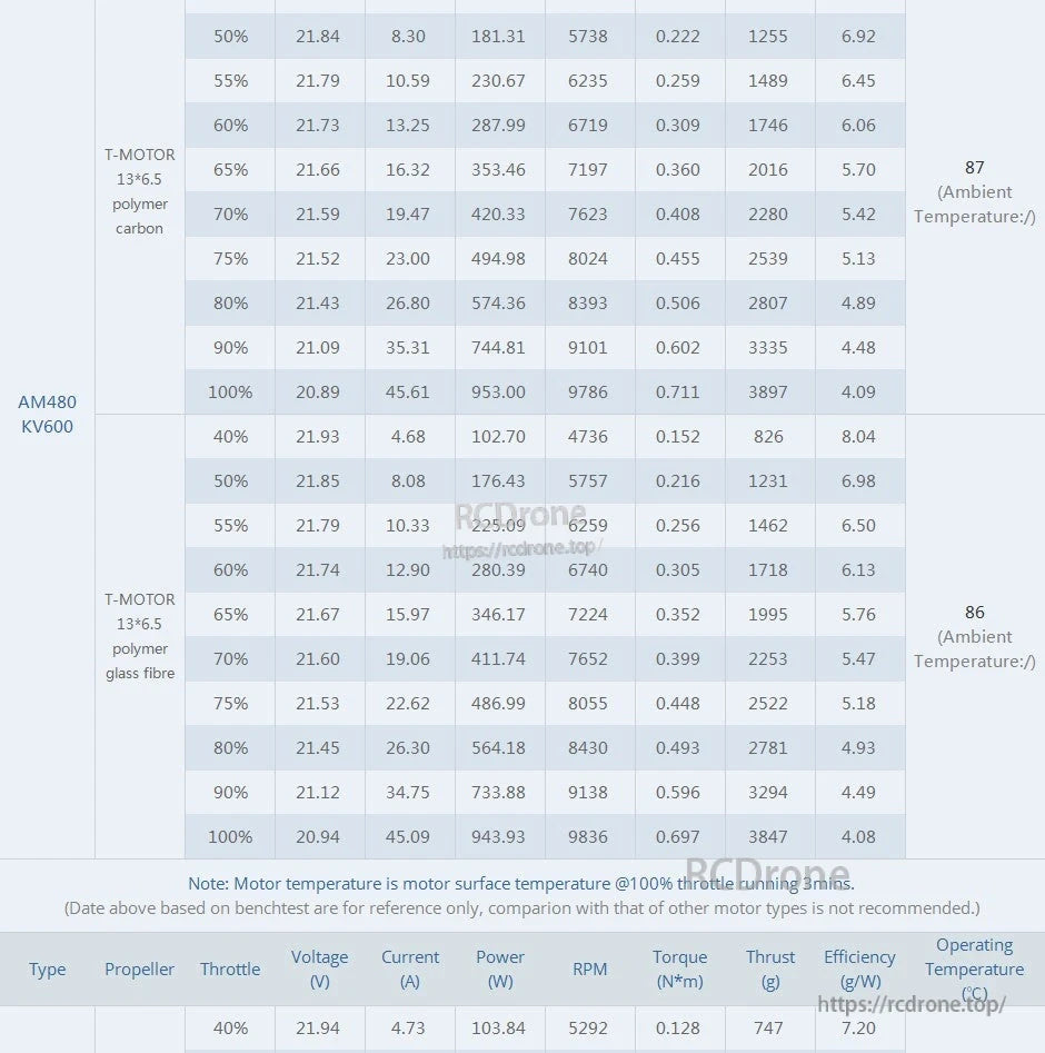 Bench test data table for T-Motor AM480 KV600 with 13x6.5 props, listing throttle, RPM, thrust, efficiency and temperature.