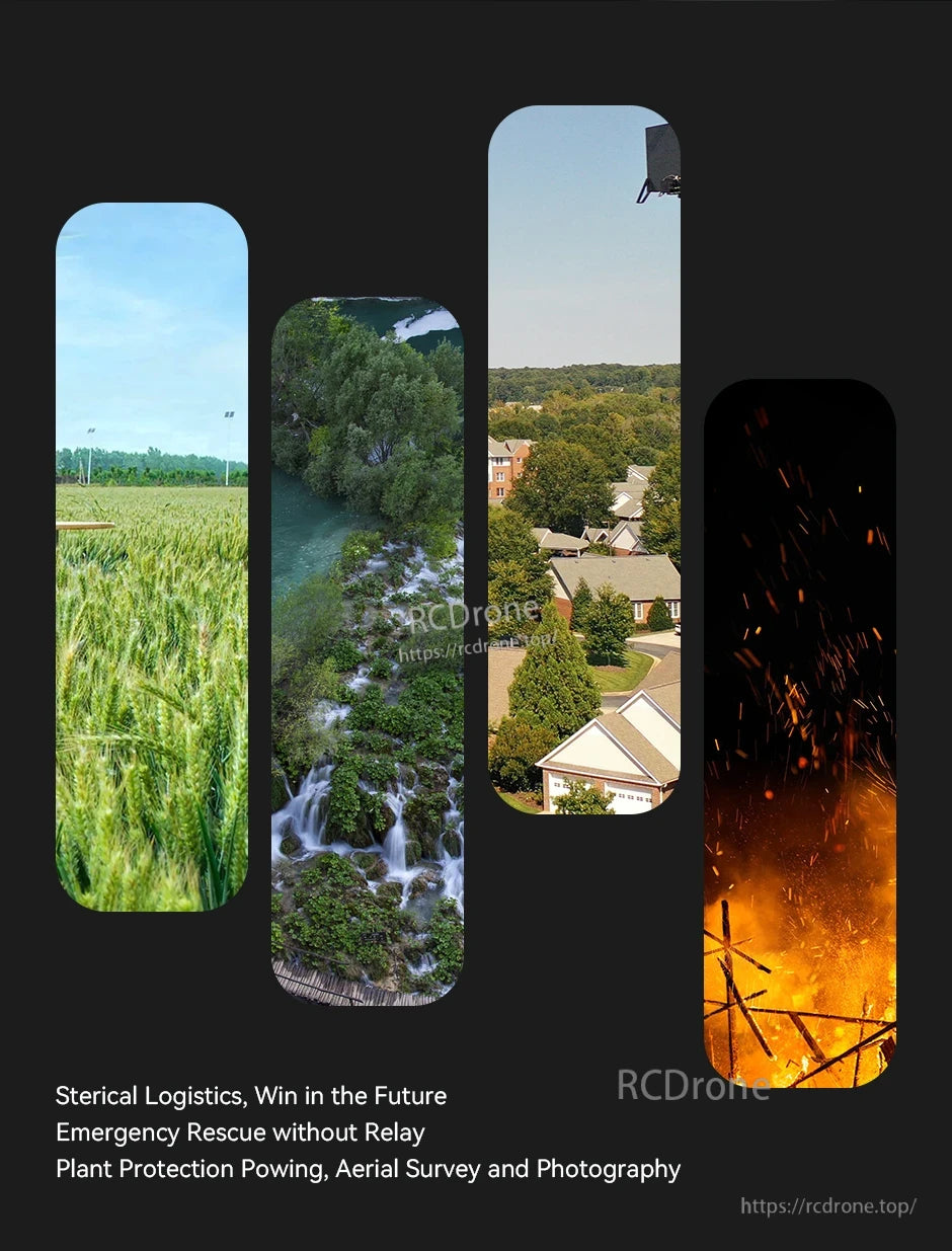 T-Motor application collage showing crop field, river, suburban aerial view, and firefighting sparks for drone use cases