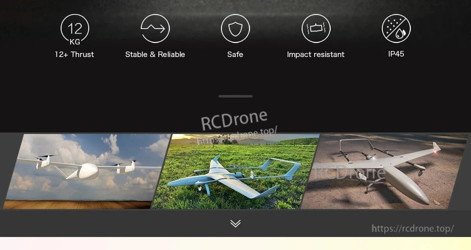 T-Motor banner showing fixed-wing VTOL drones with icons for 12+ kg thrust, impact resistance, and IP45 rating