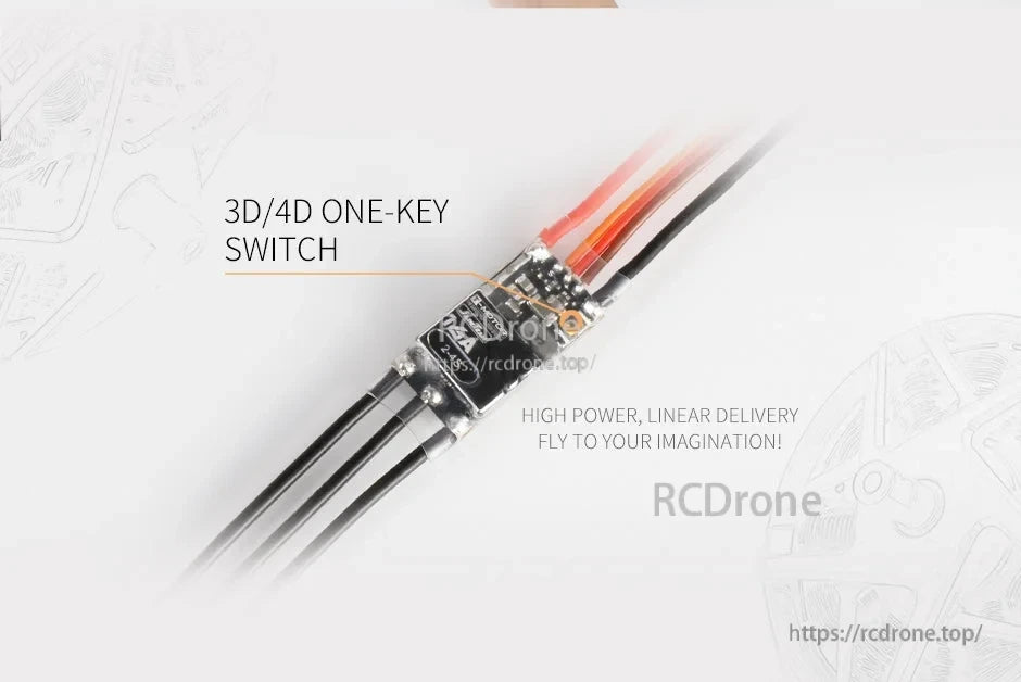 T-Motor brushless ESC with 3D/4D one-key switch, heat-shrink wrapped body, and attached power and motor wires