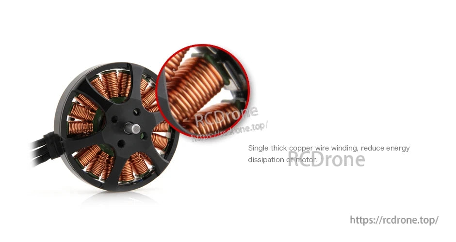 T-Motor brushless drone motor close-up showing thick copper wire windings and stator coils