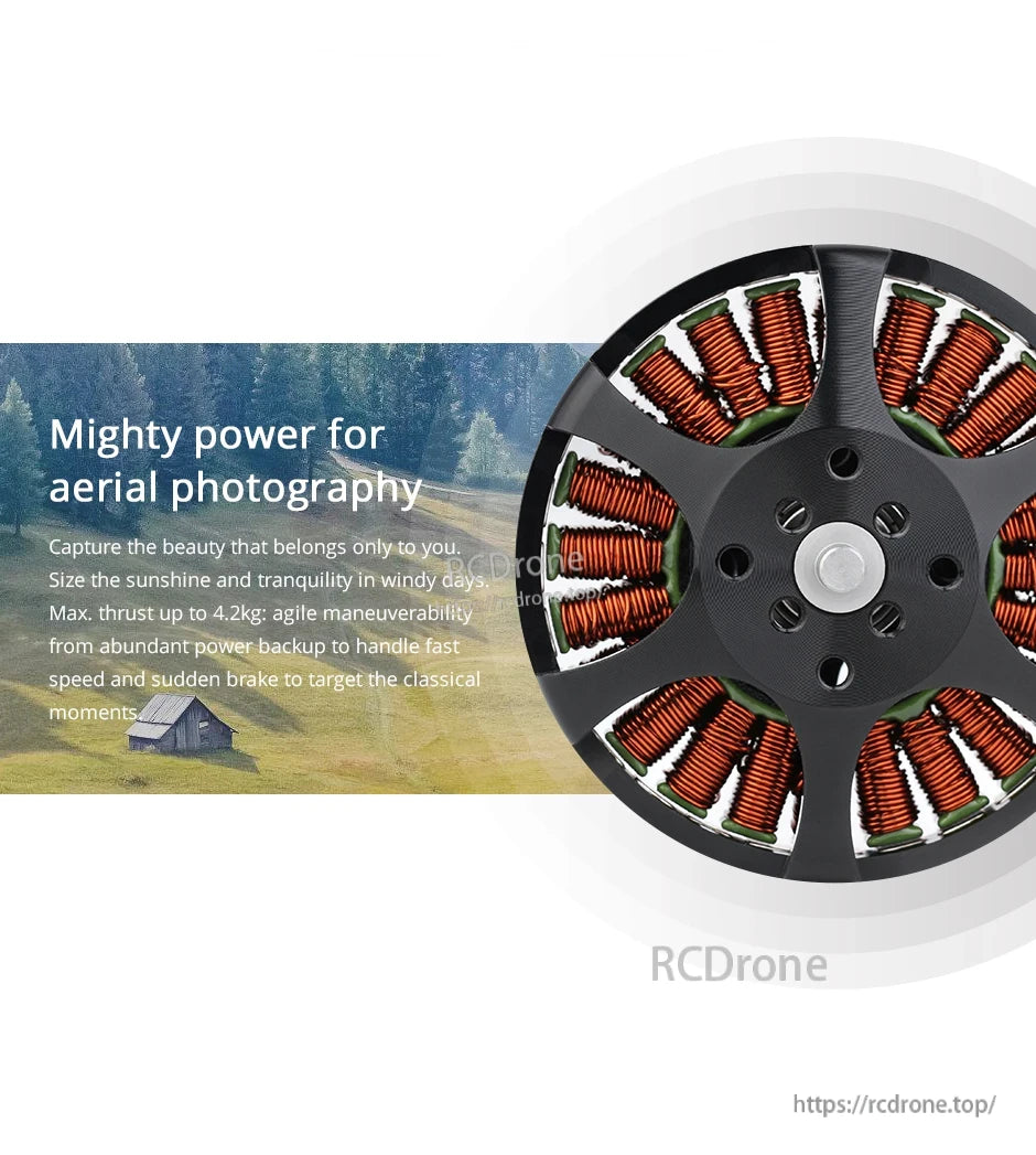 T-Motor brushless drone motor close-up with copper windings, marketing text noting max thrust up to 4.2kg