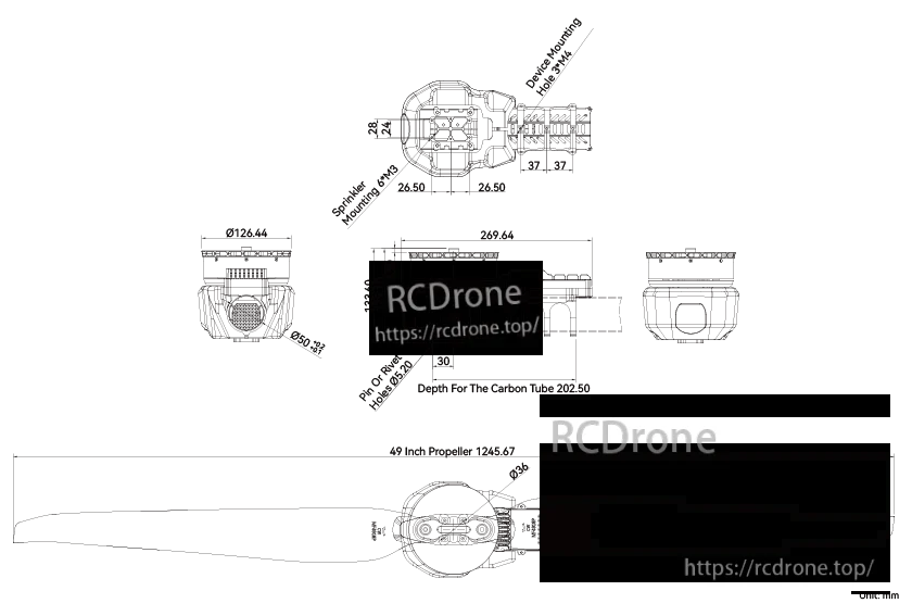 T-Motor brushless drone motor dimension diagram with top and side views, mounting pattern, and propeller clearance.