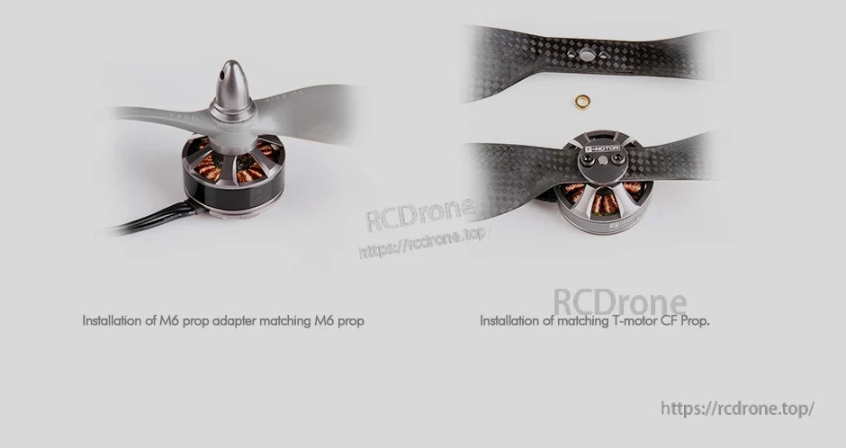 T-Motor brushless drone motor showing M6 prop adapter and carbon fiber propeller mounting