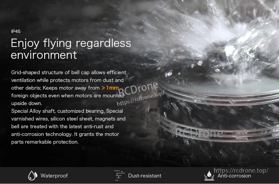 T-Motor brushless drone motor with IP45 rating, water splash protection, dust-resistant grid bell design