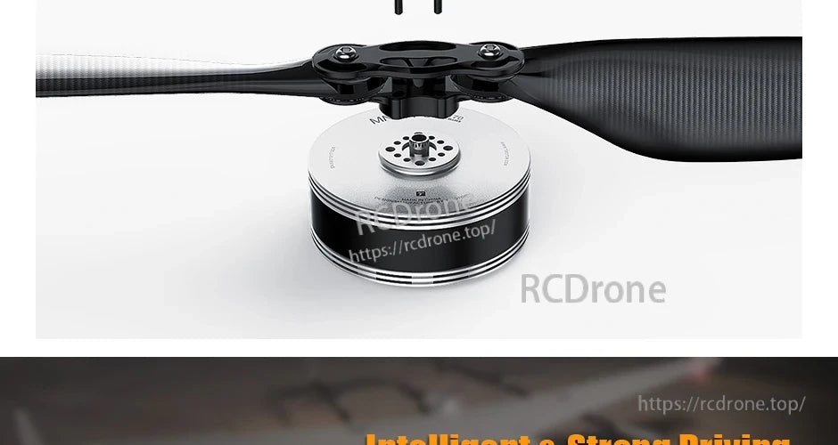 T-Motor brushless drone motor with a mounted carbon-fiber propeller and low-profile black-and-silver housing