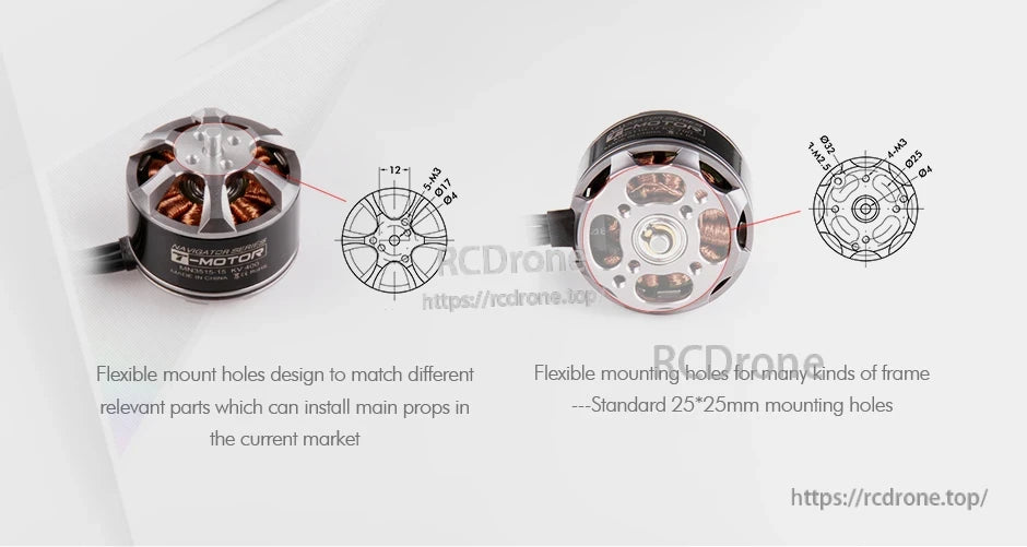 T-Motor brushless drone motor with mounting hole diagrams, including standard 25×25mm bolt pattern