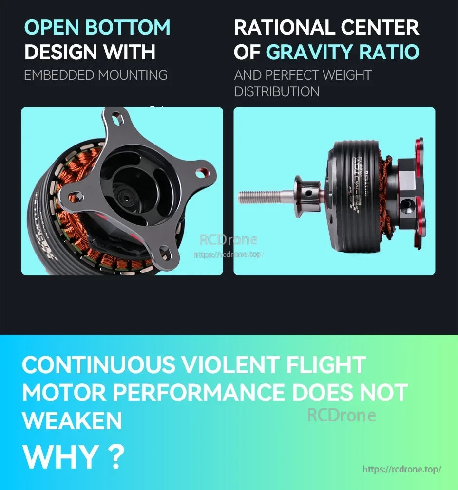 T-Motor brushless drone motor with open-bottom embedded mounting base and side view of the shaft and housing