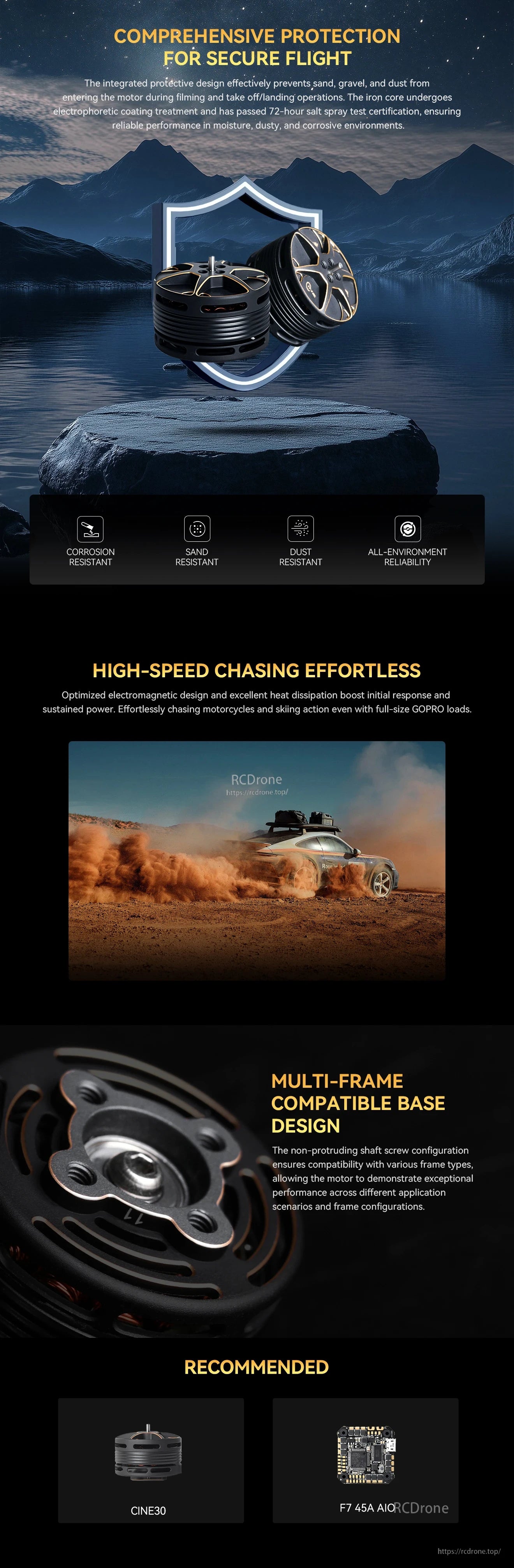 T-Motor brushless drone motor with protective design, corrosion-, sand- and dust-resistant feature icons