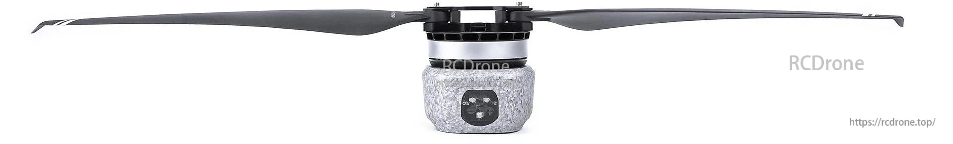 T-Motor brushless drone motor with two-blade propeller mounted on top, side view on white background