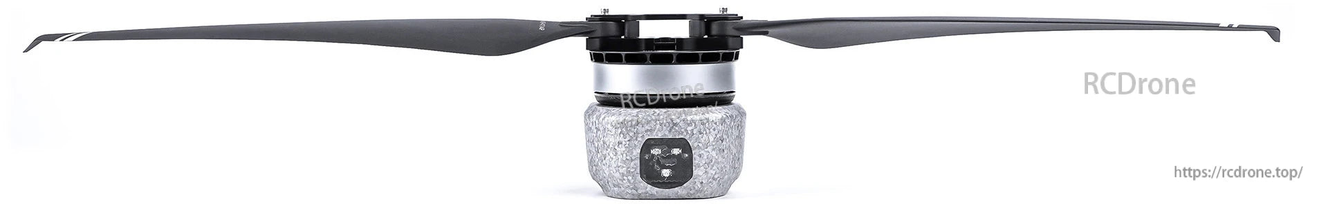 T-Motor brushless drone motor with two-blade propeller mounted, side view on white background
