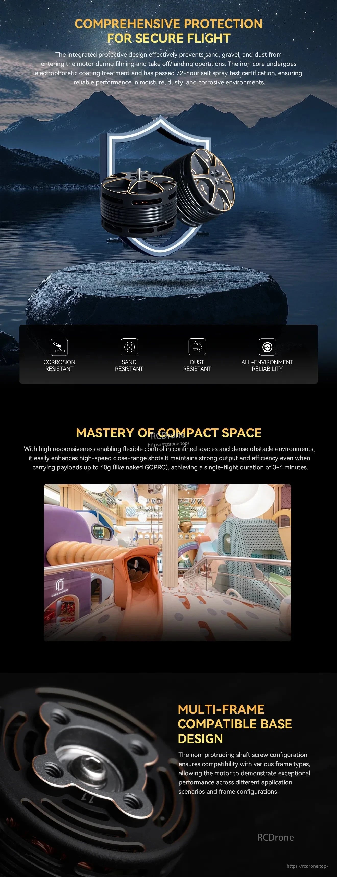 T-Motor brushless drone motor with vented housing and non-protruding base screw layout for protected use