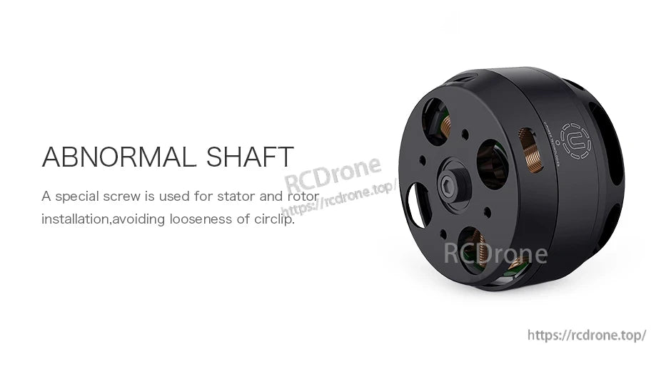 T-Motor brushless motor close-up showing the front face and abnormal shaft screw design for stator and rotor
