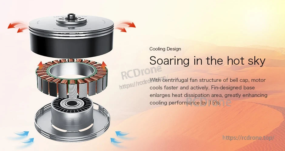 T-Motor brushless motor cooling design graphic with exploded view, centrifugal fan bell cap and airflow arrows