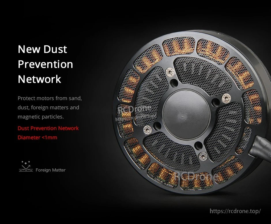 T-Motor brushless motor end view with fine dust prevention mesh network covering the windings