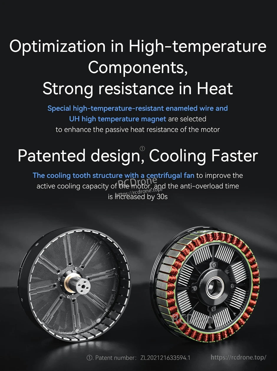 T-Motor brushless motor internals showing high-temperature wiring and magnet ring with a centrifugal cooling fan design