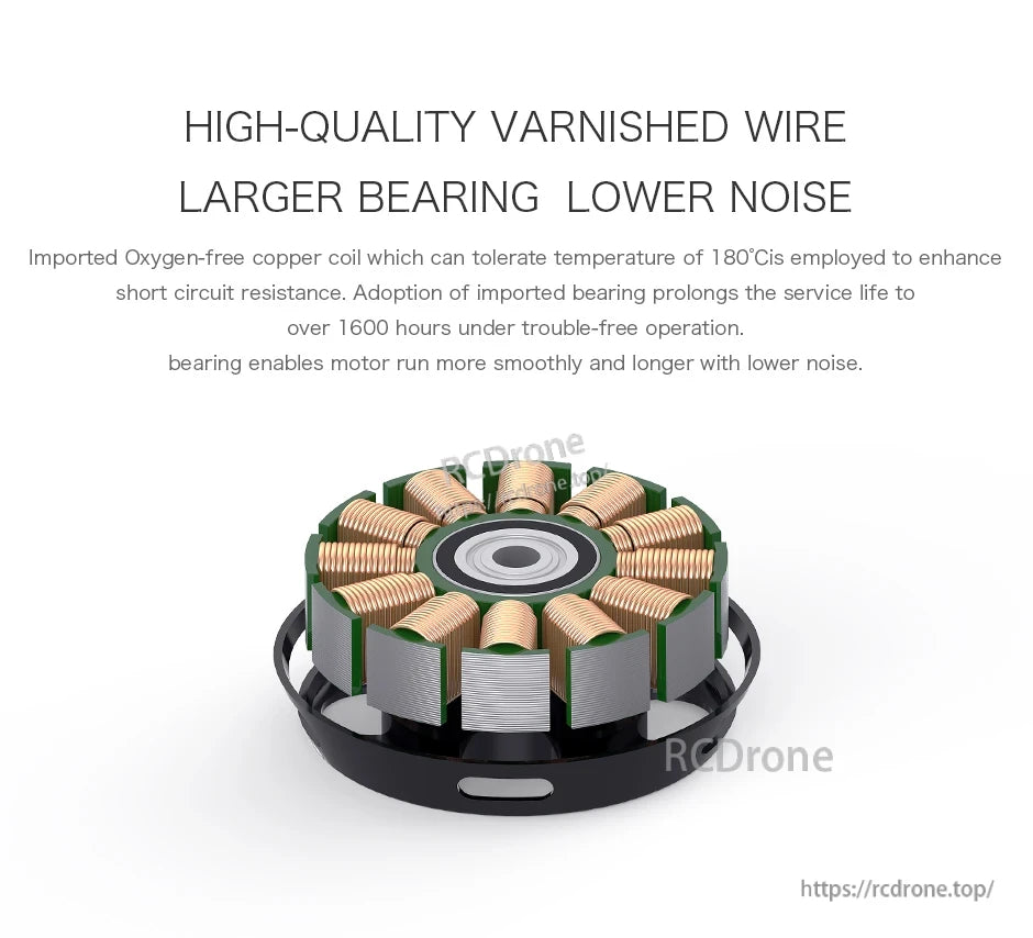 T-Motor brushless motor stator cutaway showing copper windings and a central bearing, with feature text overlay