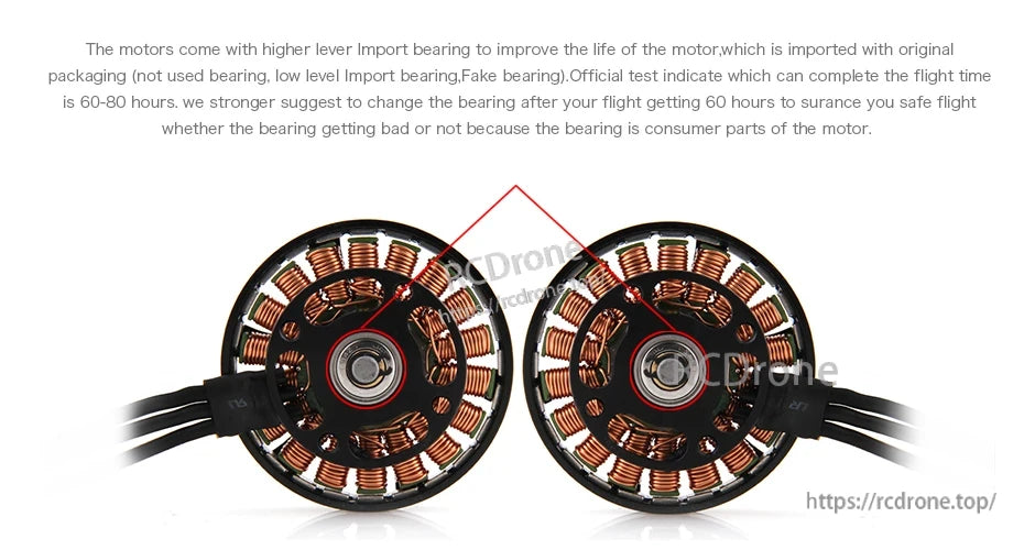 T-Motor brushless motor stator view showing copper windings and center bearing on two motors