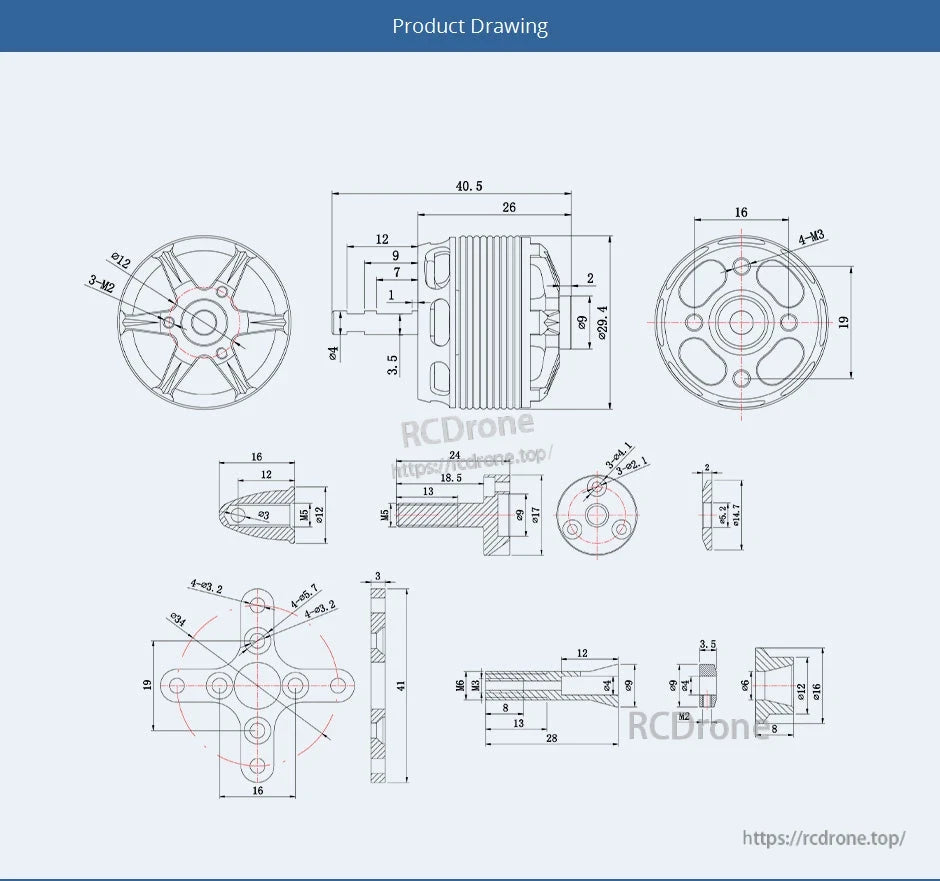 T-Motor brushless motor technical drawing with top and side views, mounting hole pattern, and key dimensions