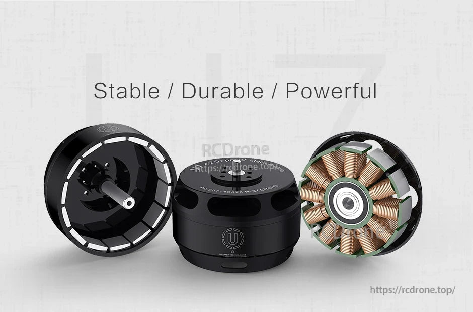 T-Motor brushless outrunner motor with black housing, mounting shaft, and exposed copper windings
