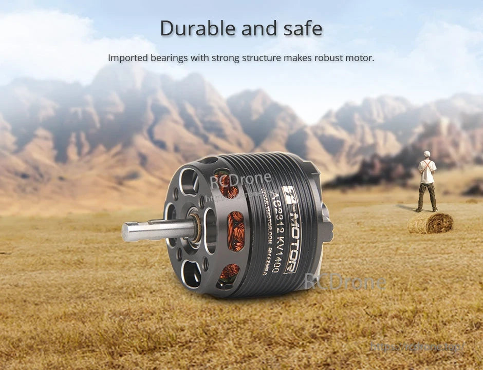 T-Motor brushless outrunner motor with exposed copper windings, ribbed aluminum housing, and front shaft