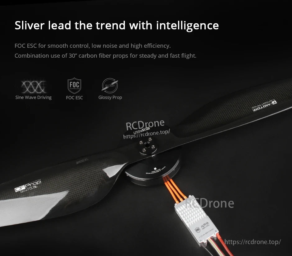 T-Motor carbon fiber propeller and motor with ALPHA ESC wiring, CF Prop 30x10.5L marking visible