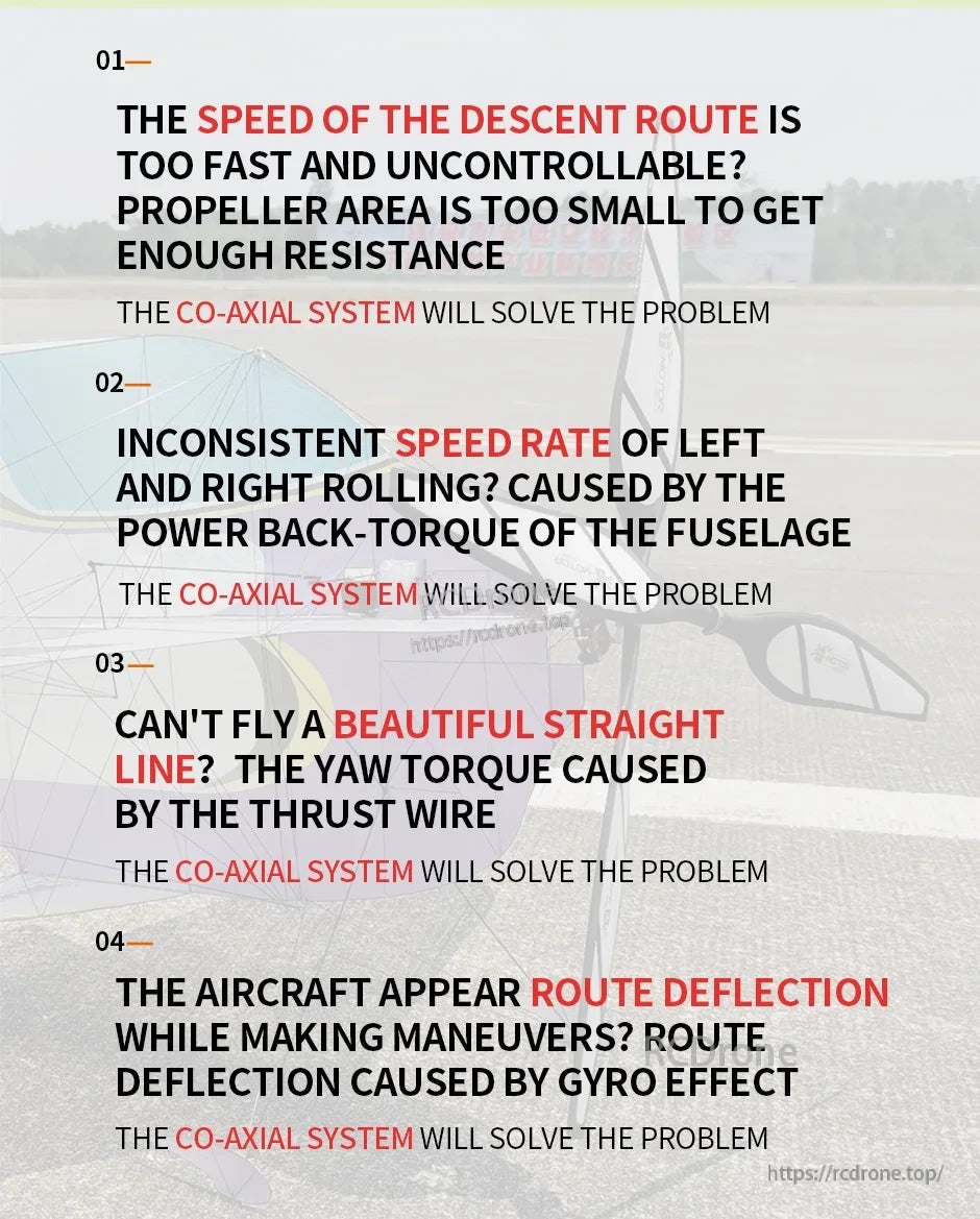 T-Motor co-axial system infographic listing common flight issues like fast descent, roll imbalance, yaw torque and route deflection