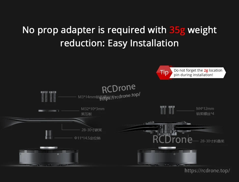 T-Motor direct prop mounting diagram with screws, location pin, and note: no prop adapter needed, 35g lighter