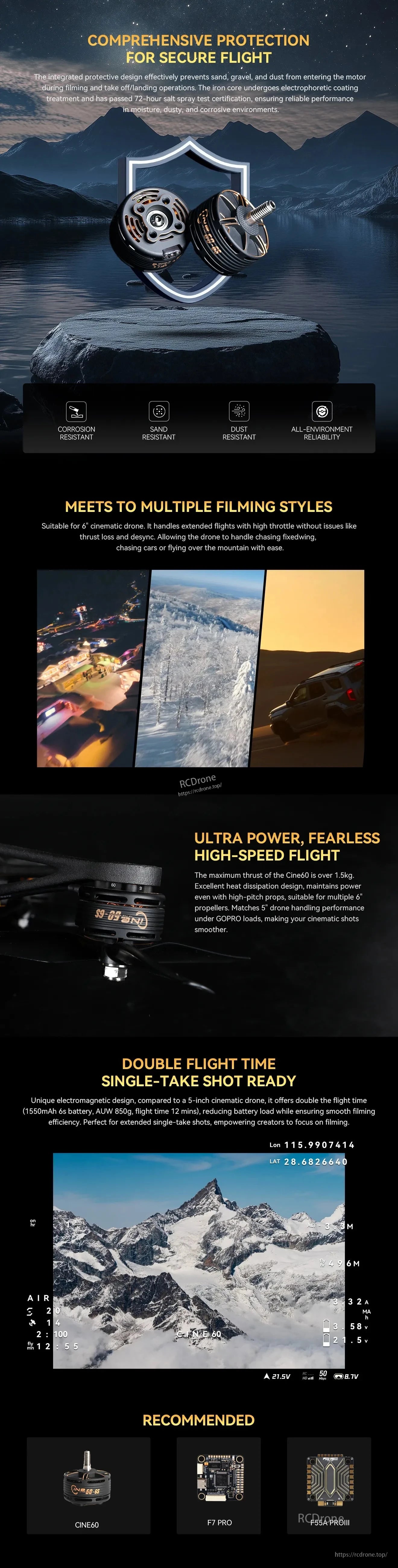 T-Motor drone motor promo showing corrosion-, sand- and dust-resistant protection and recommended CINE60 setup