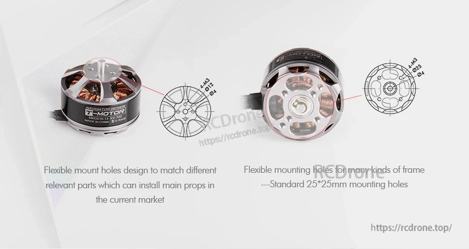 T-Motor drone motor with flexible mounting hole patterns, including standard 25×25mm layout and M3 holes