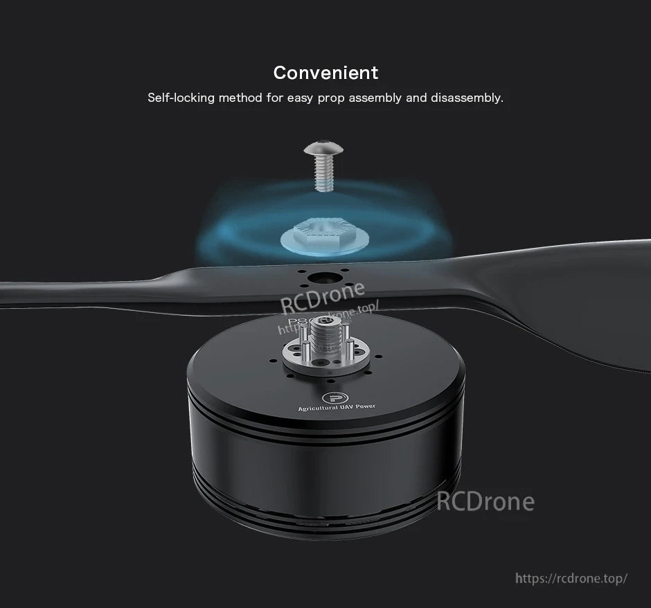 T-Motor drone motor with propeller and self-locking prop mount, showing threaded shaft, lock nut, and screw