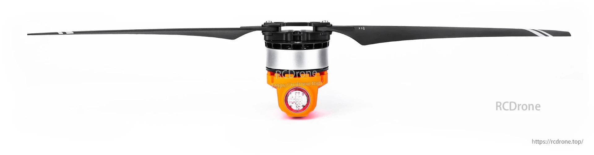 T-Motor drone propeller and motor assembly with orange mount and front LED light, side profile