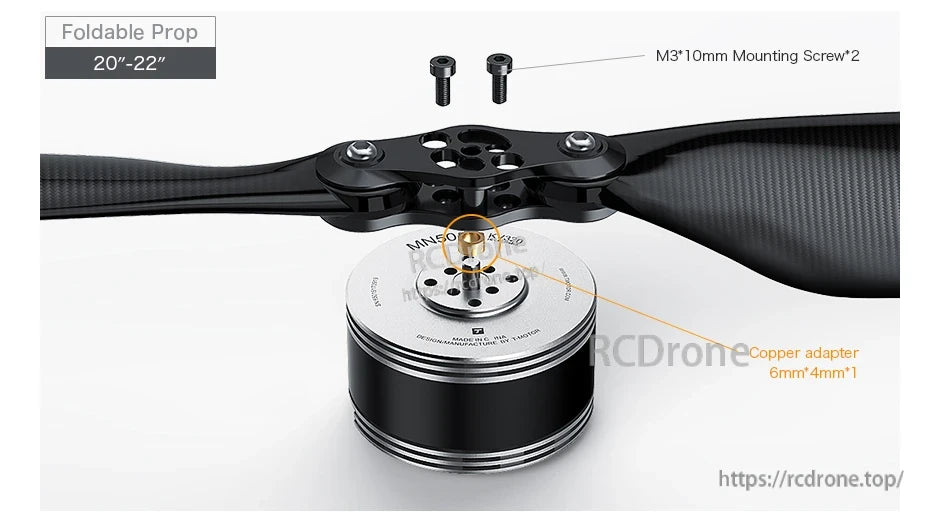 T-Motor foldable 20–22 inch prop mounted on motor hub with M3x10 screws and 6mm-to-4mm copper adapter