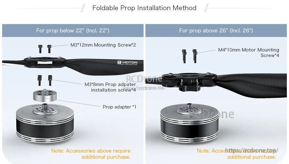 T-Motor foldable prop installation diagram showing prop adapter and screw sizes for sub-22" and 26"+ props